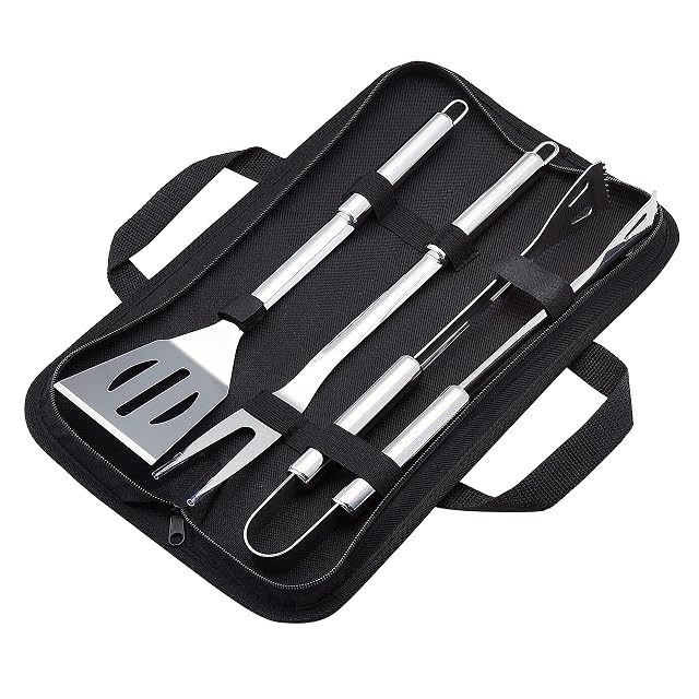Amazon Basics 4-piece stainless steel BBQ grilling tool set with carry bag