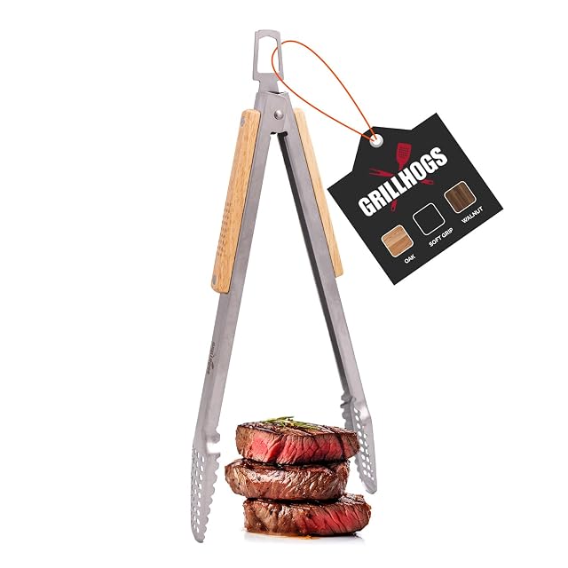 Grillhogs 12 inch stainless steel BBQ grill tongs with oak wood handle