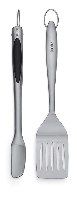 Weber 2-piece barbecue tool set with spatula and tongs in stainless steel