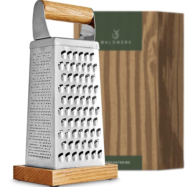 WALDWERK premium box grater with etched stainless steel blades and oak wood base