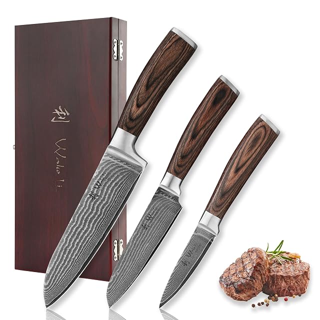 Wakoli EDIB 3-piece Damascus knife set in wooden box