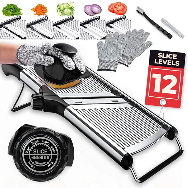 Gramercy mandoline slicer for kitchen with 12 slice settings in white