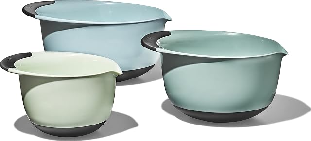 OXO Good Grips 3-piece plastic mixing bowl set in blue grey and jade