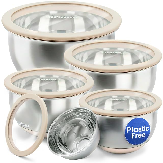 Ziruma non-toxic stainless steel mixing bowls with glass lids plastic free 5 piece