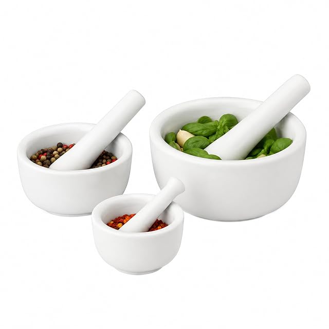 HIC Kitchen fine porcelain mortar and pestle set of three sizes