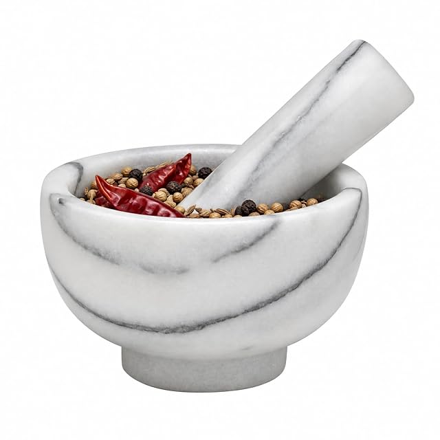 HIC Kitchen mortar and pestle set in solid Carrara marble 3.8 inch