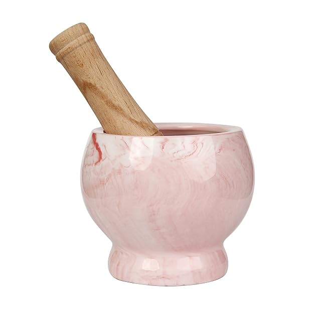 HPYNPES ceramic mortar and pestle set with wooden bamboo pestle and anti-slip base