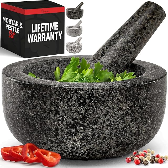 Priority Chef heavy duty large black granite mortar and pestle 5.5 inch bowl