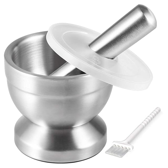 Tera 18/8 stainless steel mortar and pestle with brush and translucent lid