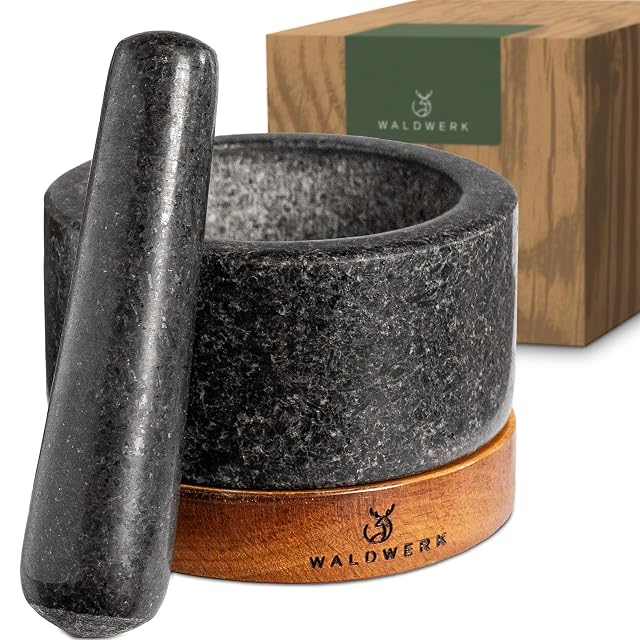 WALDWERK granite mortar and pestle set with acacia wood base 4.7 inch