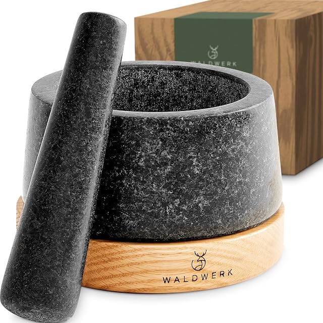 WALDWERK mortar and pestle set with anti-scratch oak wood base and granite bowl
