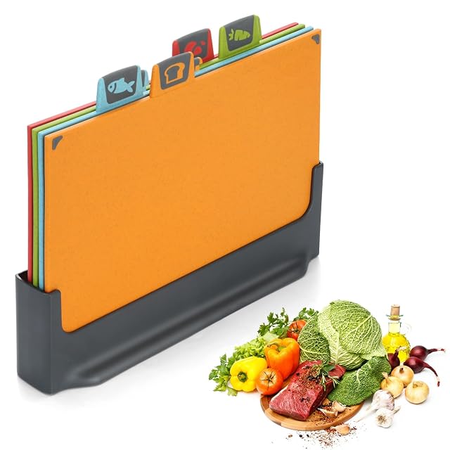 BEWOS 4 colour-coded reversible chopping boards with stand