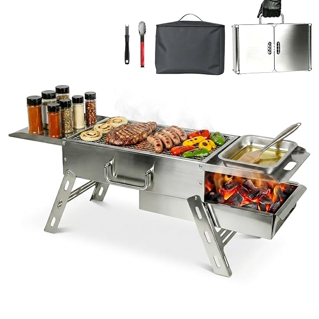 Zarkind foldable stainless steel mini BBQ charcoal grill with carry bag