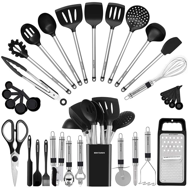 BESTZMWK 33 piece silicone and stainless steel kitchen utensil set