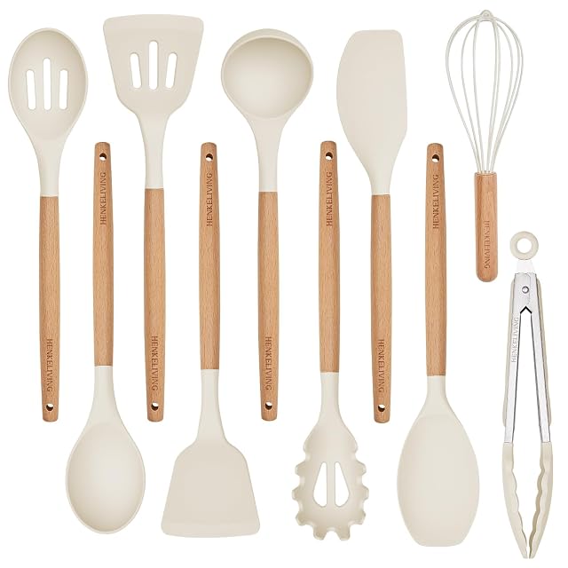 HENKELIVING 10 piece silicone kitchen cooking utensils set with wooden handles