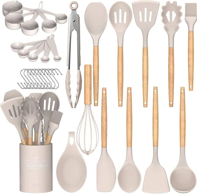 Umite Chef 33 piece silicone cooking utensils set with holder and wooden handles