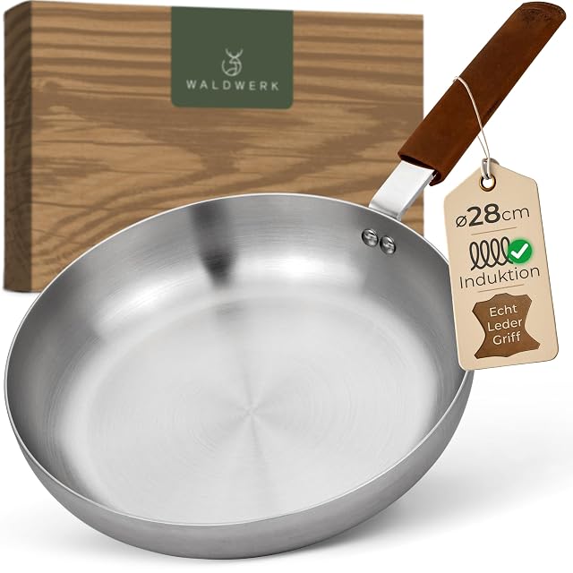 WALDWERK 28 cm stainless steel frying pan with leather handle sleeve