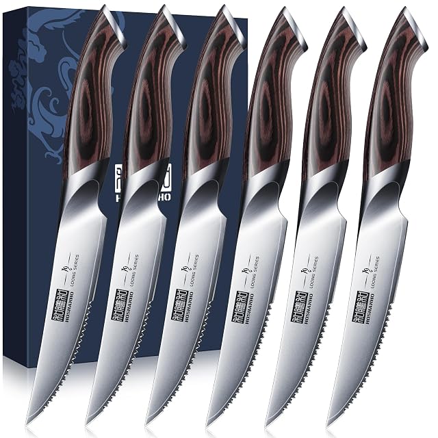 HOSHANHO 6-piece steak knife set with pakkawood handles
