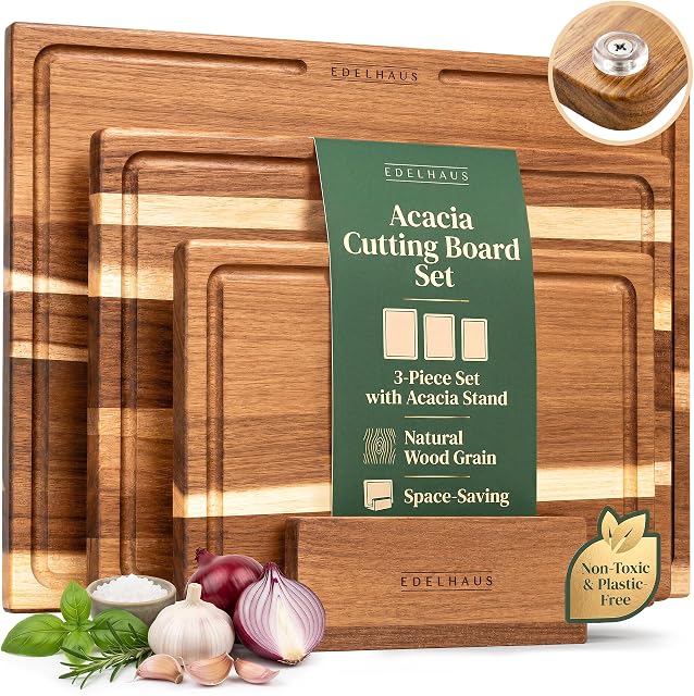 EDELHAUS acacia wood cutting boards set of 3 with juice groove and stand