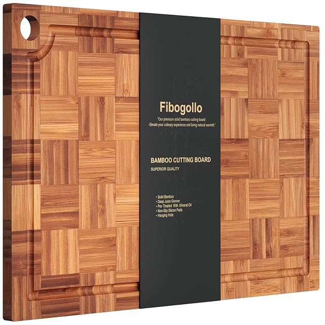 Fibogollo bamboo cutting boards with juice groove for kitchen prep