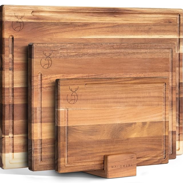 WALDWERK acacia wood cutting boards with beeswax finish and board stand